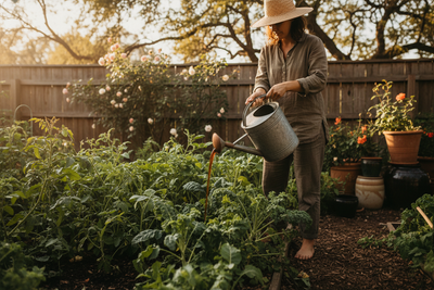 Watering plants with biochar compost tea