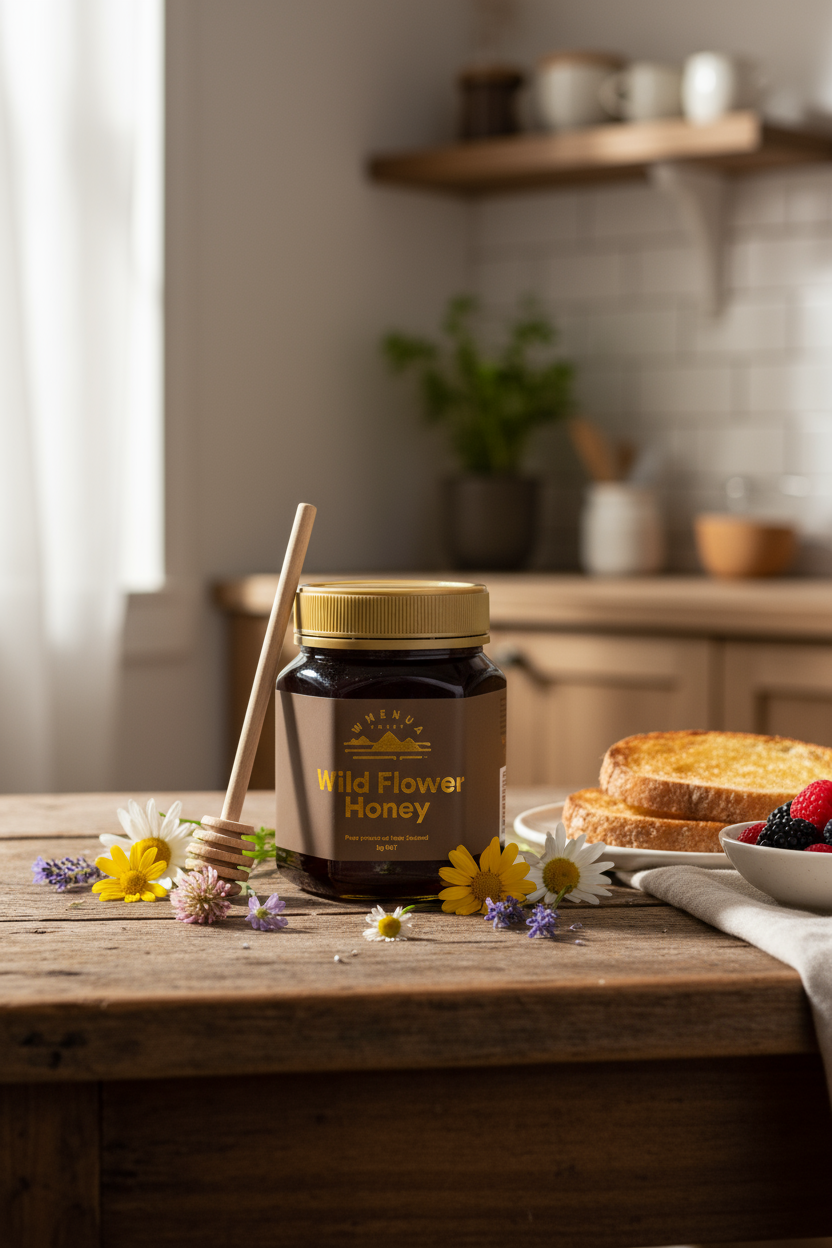Wild Flower Honey Lifestyle Scene - Dark Jar Gold Lid